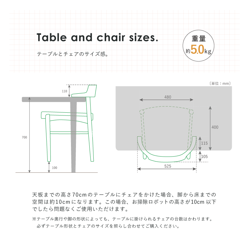 テーブルとチェアのサイズをご確認ください